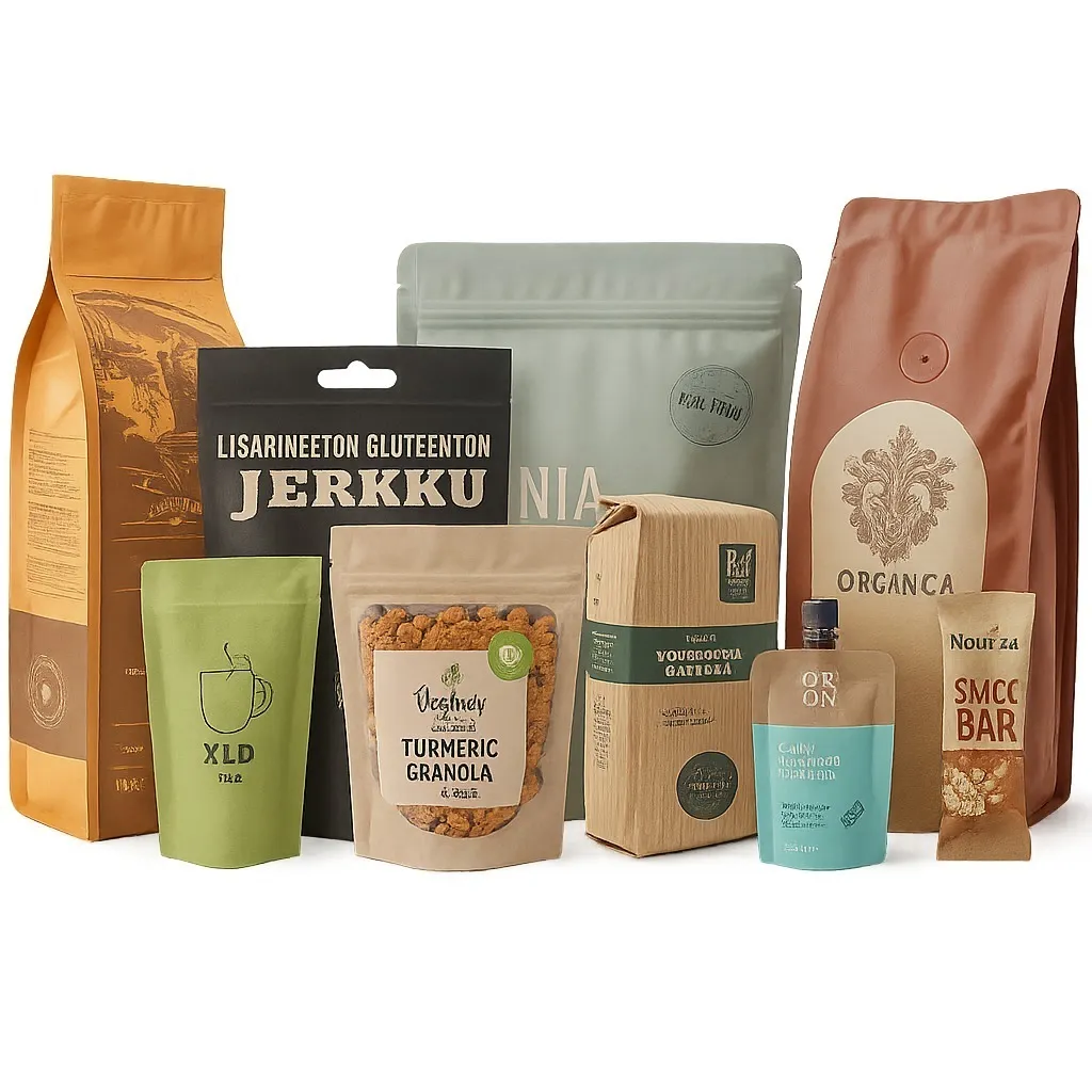 XLD Custom shape stand-up pouches for snacks, powder, and granola packaging