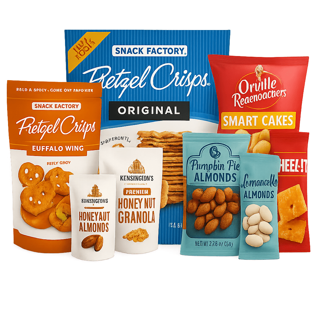 Various types of food products with customized flexible packaging showcasing XLD’s packaging capabilities
