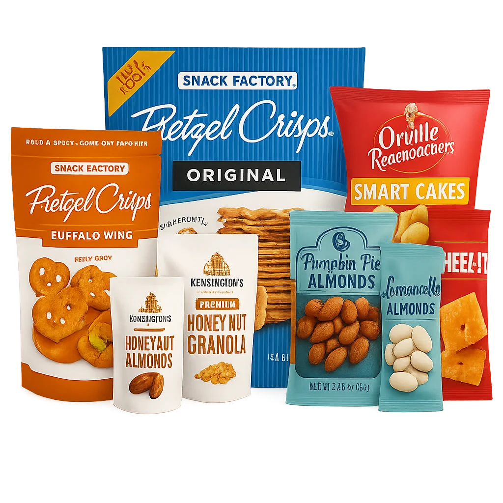 Various types of food products with customized flexible packaging showcasing XLD’s packaging capabilities
