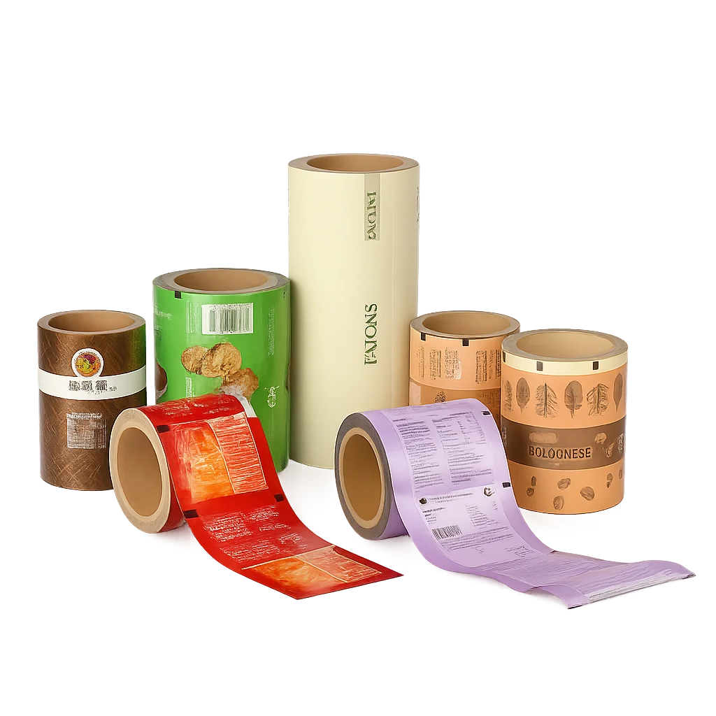 Assorted laminated rollstock films for flexible packaging by XLD, including paper-based and plastic options