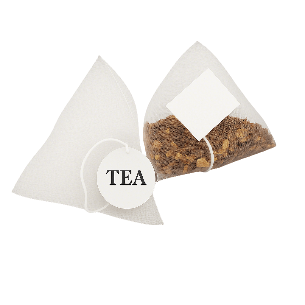 Custom pyramid tea bags with unique round and square tag designs for premium tea branding