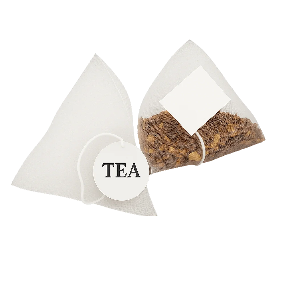 Custom pyramid tea bags with unique round and square tag designs for premium tea branding