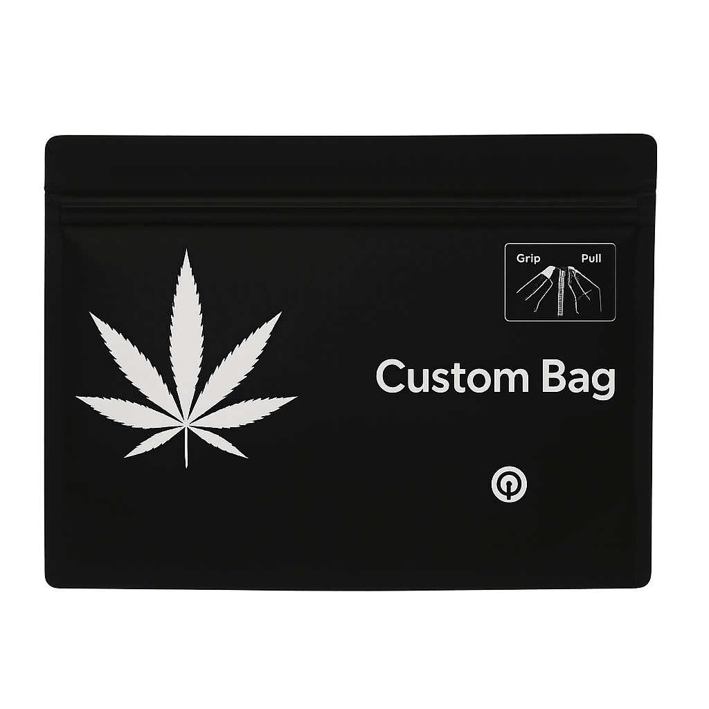 black custom CBD pouch with child-resistant design and cannabis leaf icon