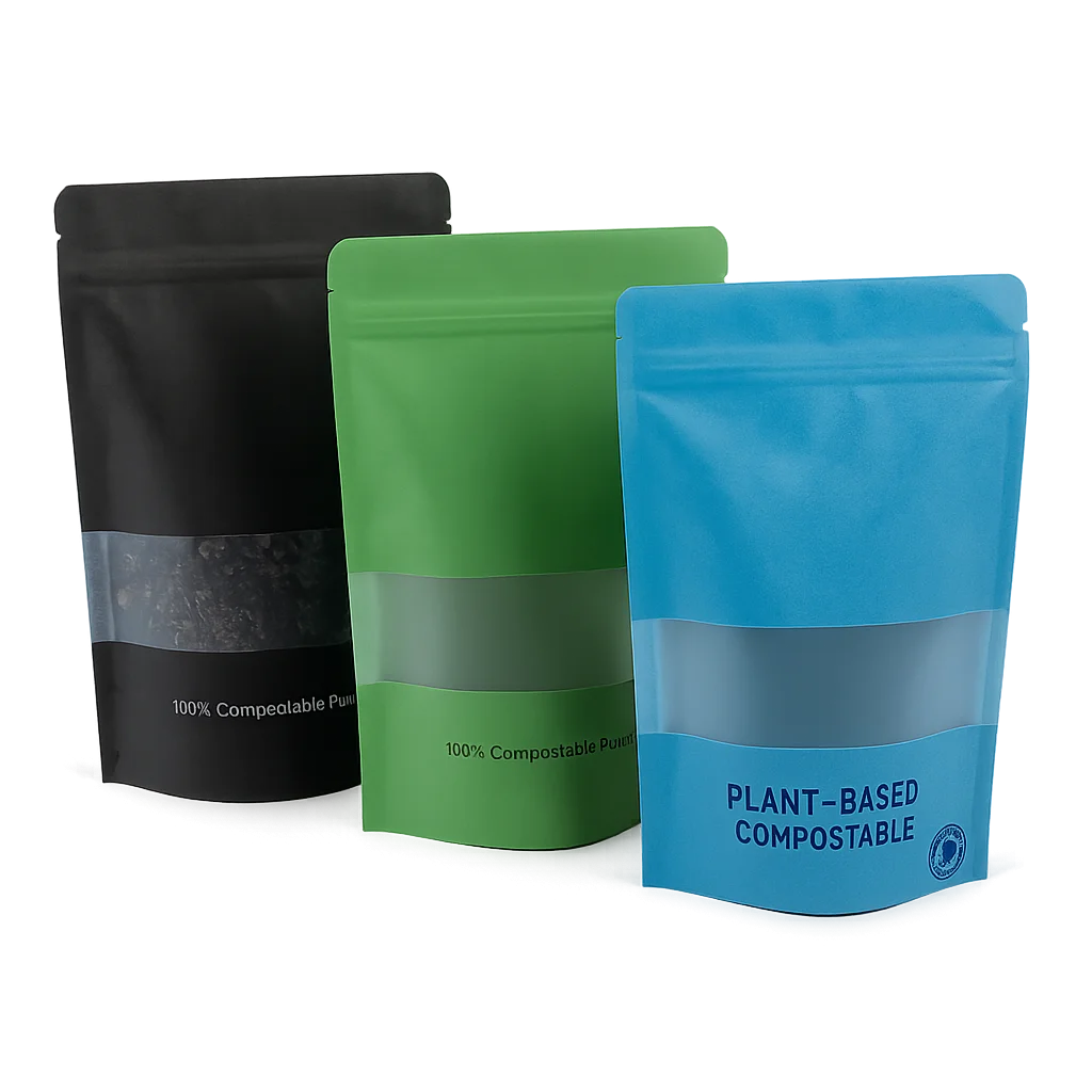 compostable stand up pouches in black, green, and blue with plant-based materials