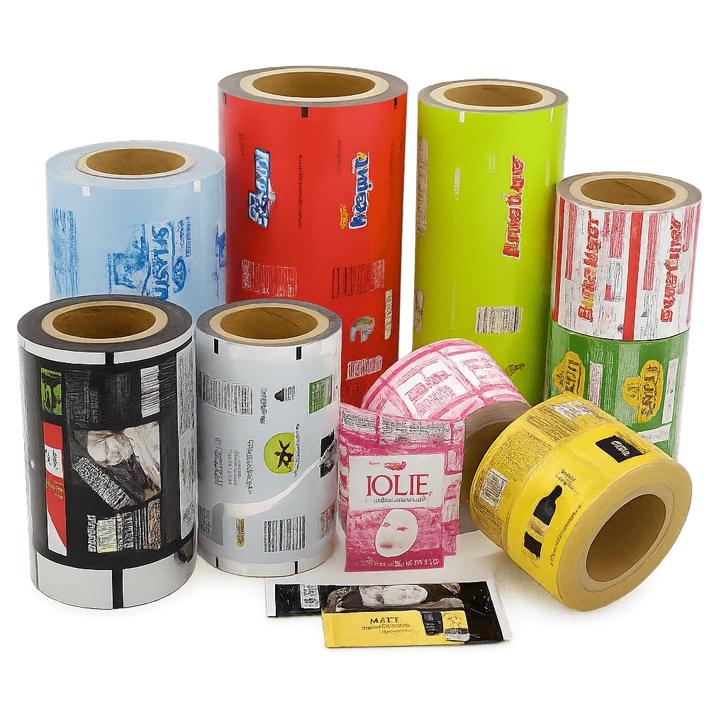 Multiple colorful laminated wrapper film rolls for food and beverage packaging