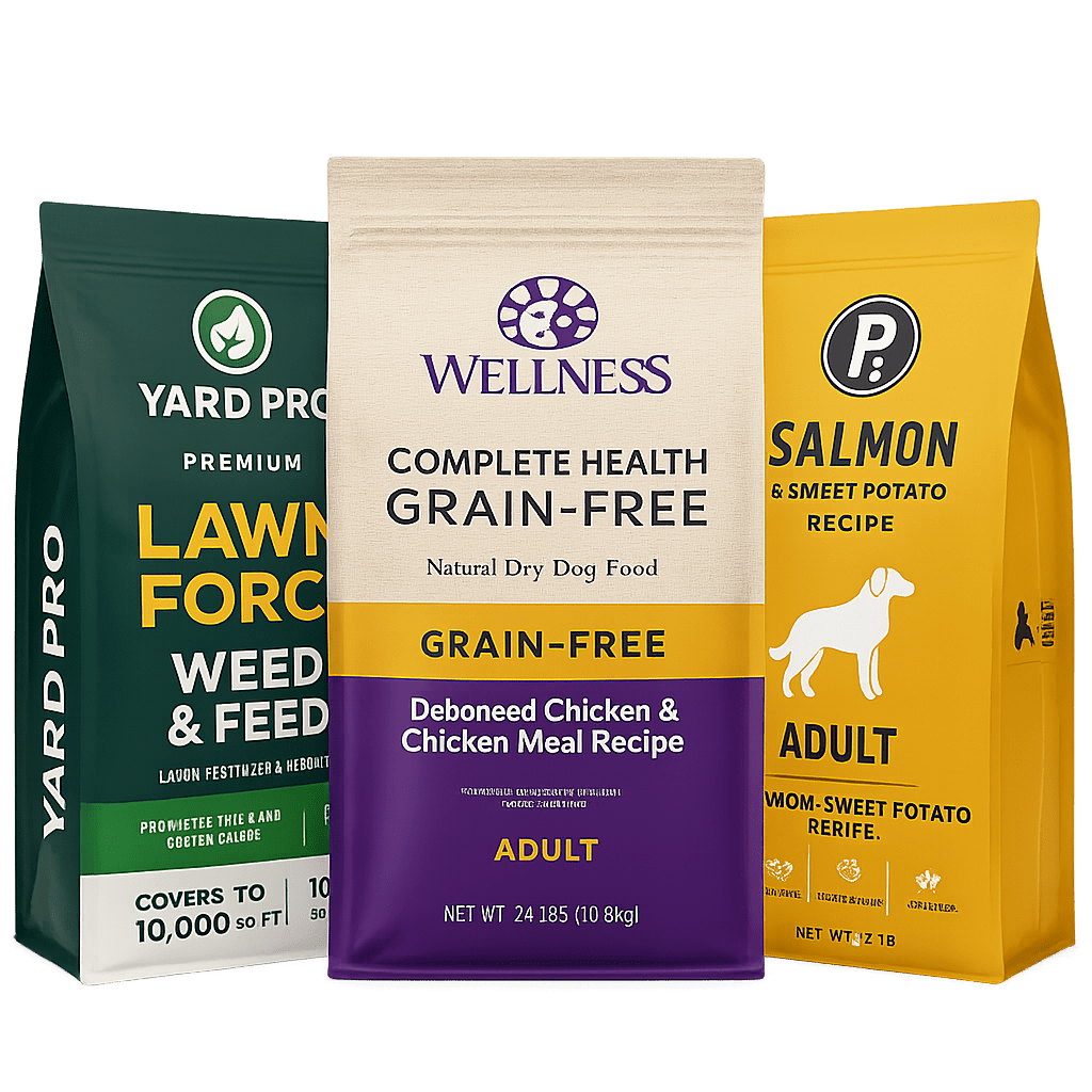 colorful quad seal bags for pet food and lawn care products