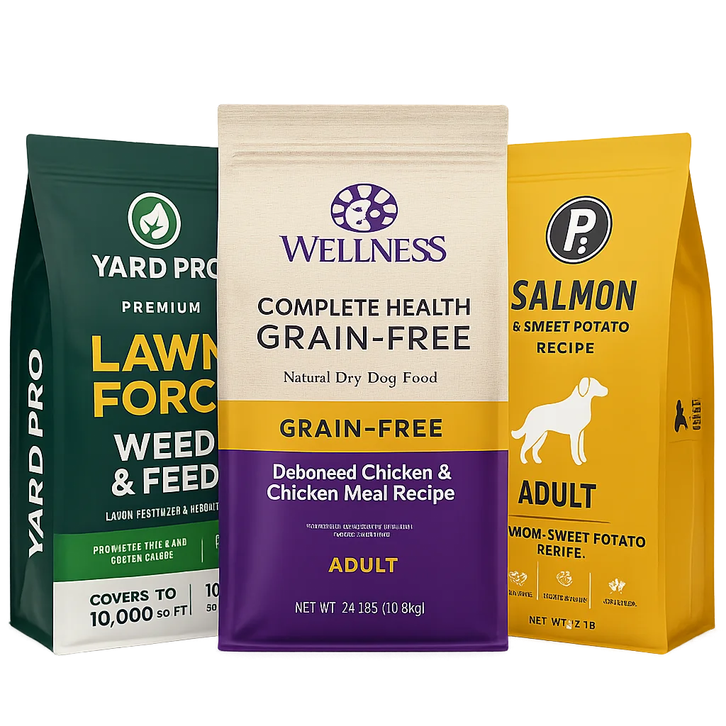colorful quad seal bags for pet food and lawn care products