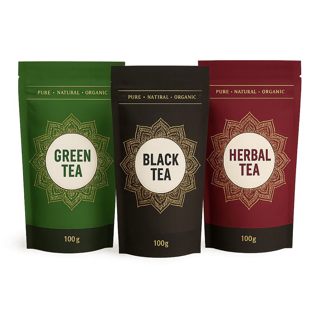XLD customized stand-up pouches for green, black, and herbal tea