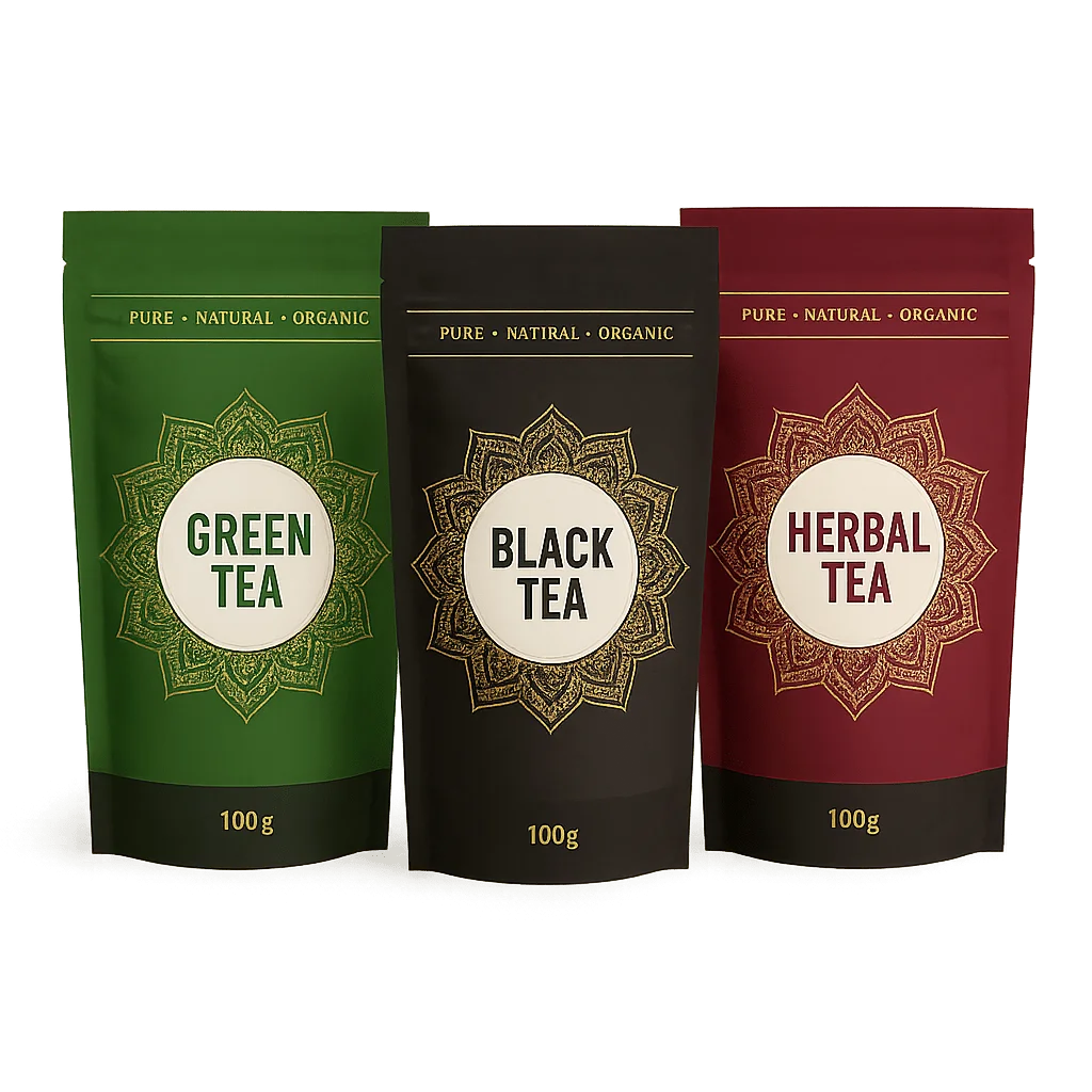 XLD customized stand-up pouches for green, black, and herbal tea