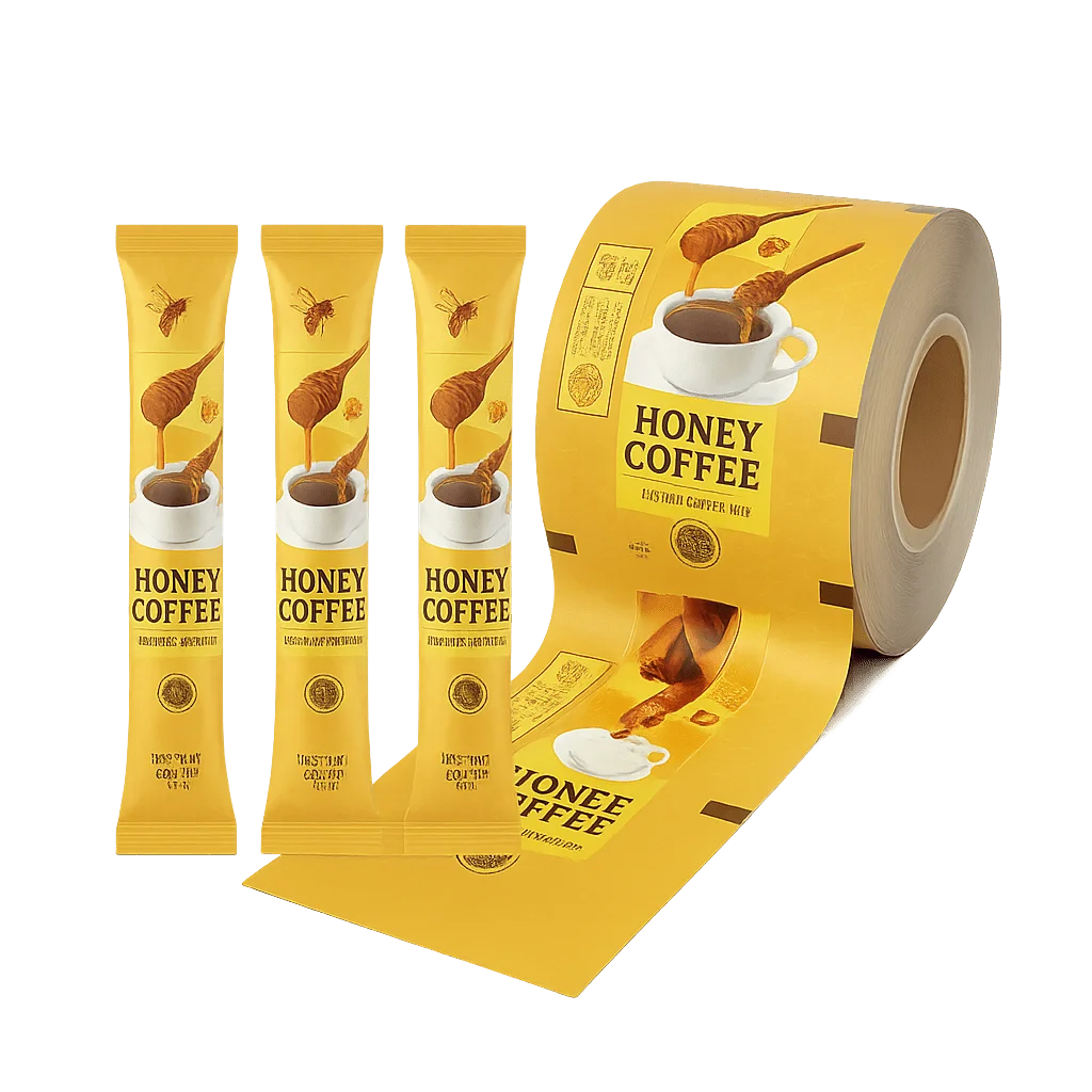 Laminated stick pack film roll with honey coffee sachet packaging