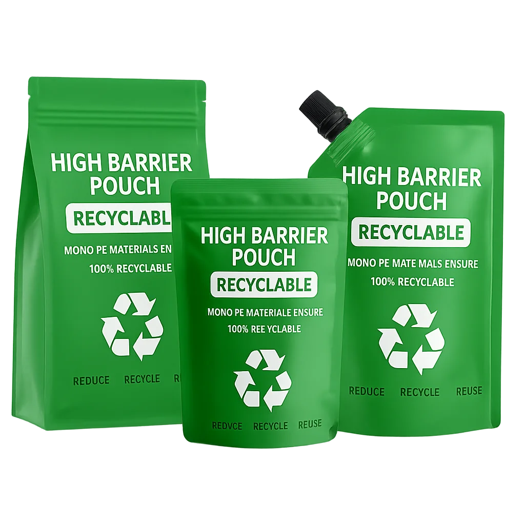 green recyclable high barrier pouches with zipper and spout options