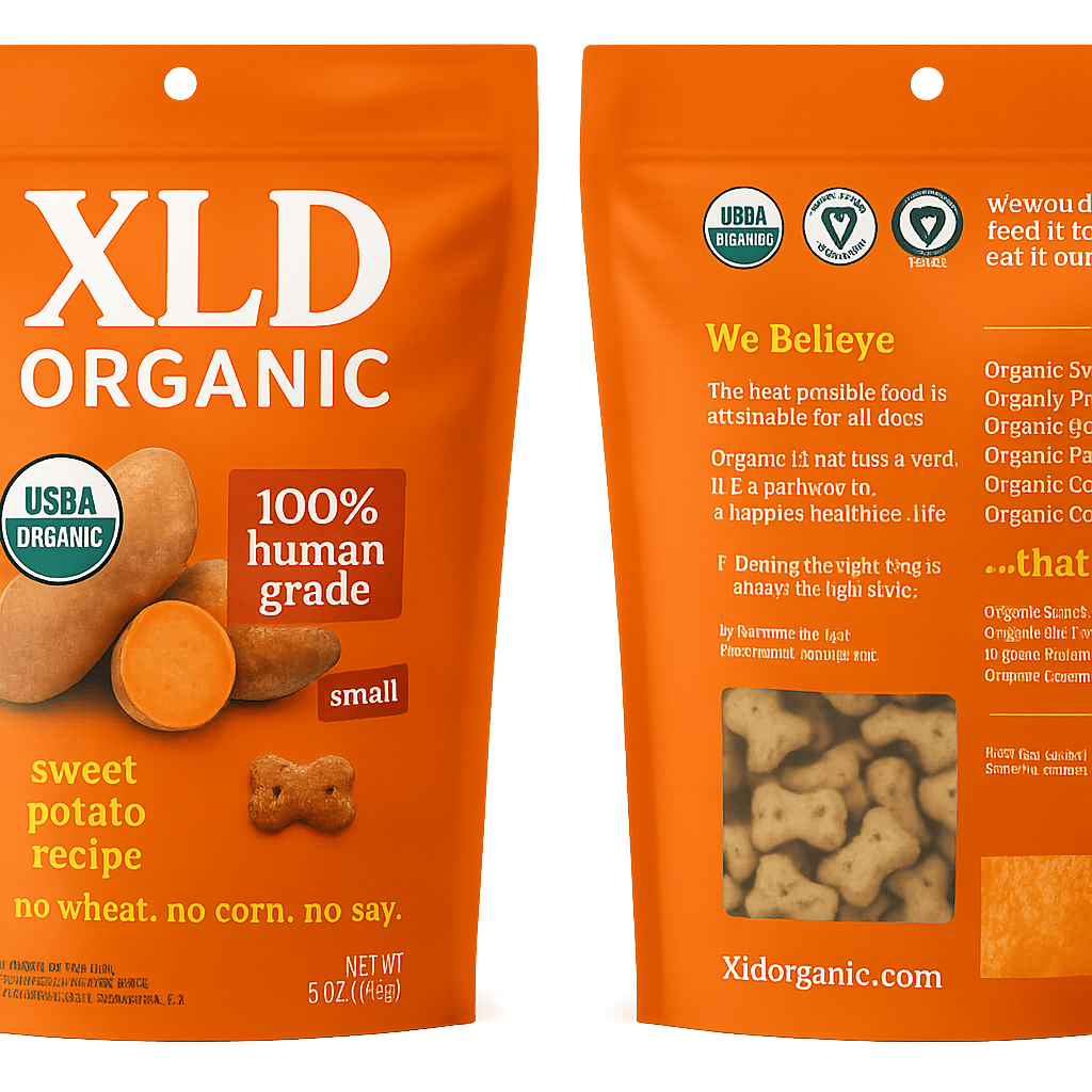 orange stand-up pouch for organic pet biscuits with window and USDA organic label