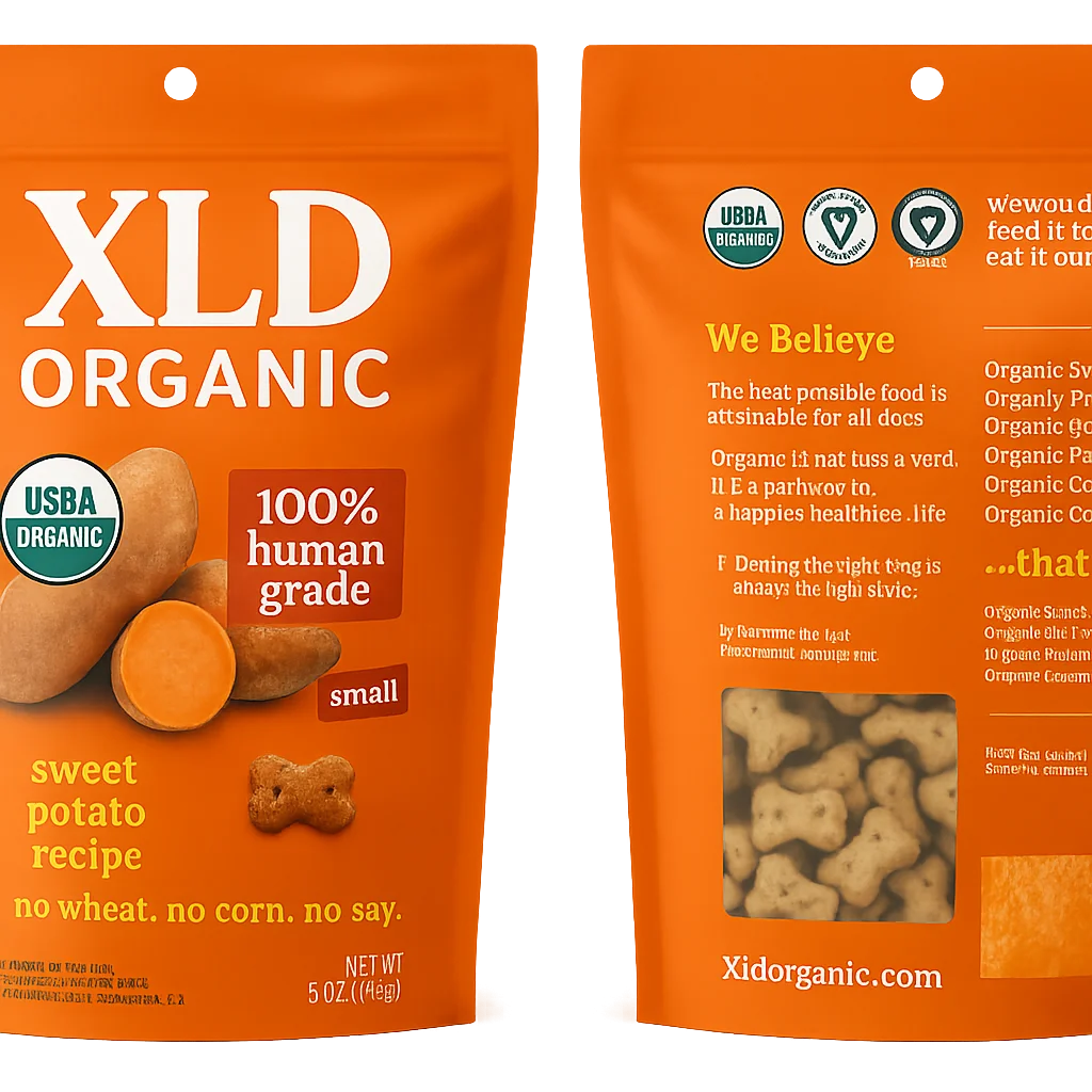 orange stand-up pouch for organic pet biscuits with window and USDA organic label