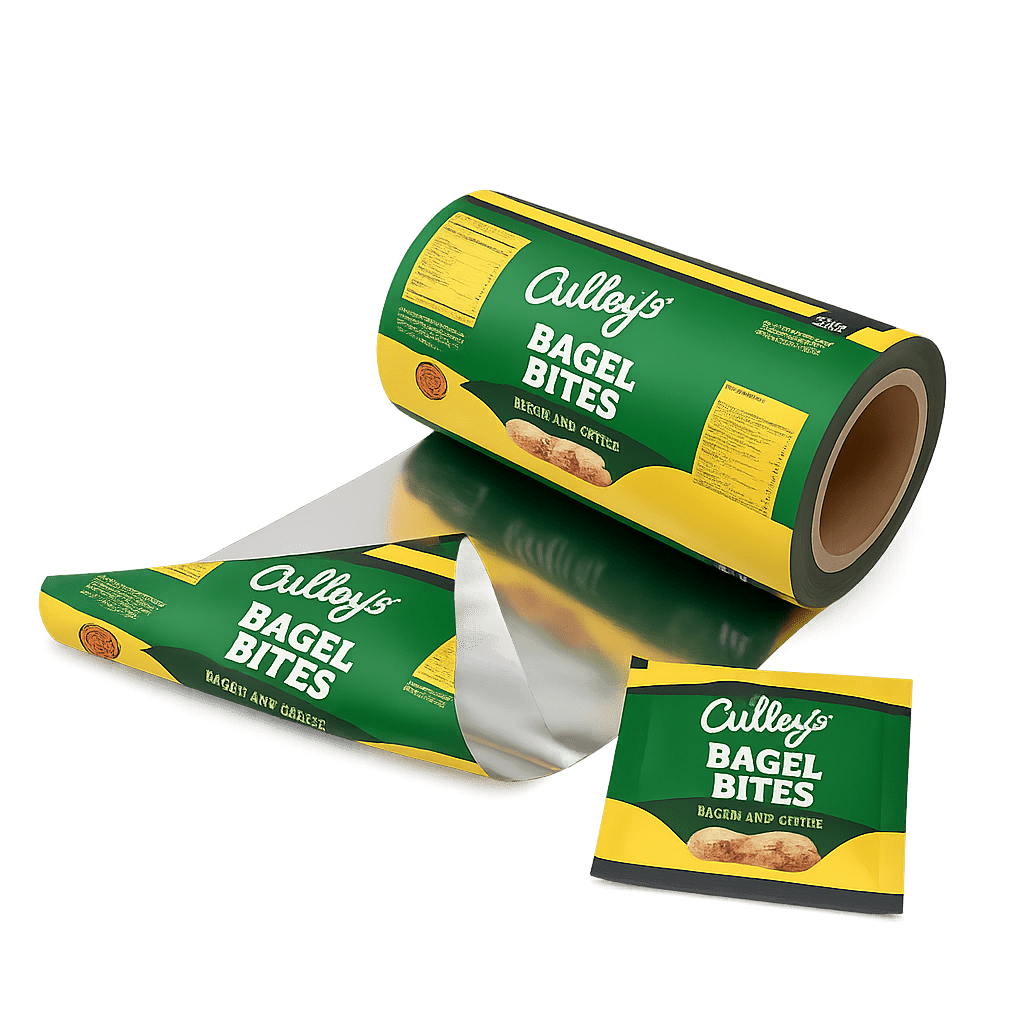 Custom printed high-barrier packaging film roll with Bagel Bites pouch