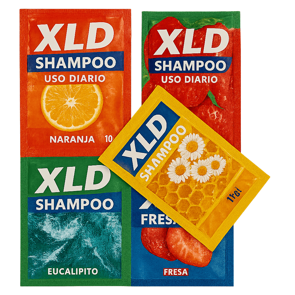 Colorful shampoo sachet pouches made from XLD custom printed film rolls