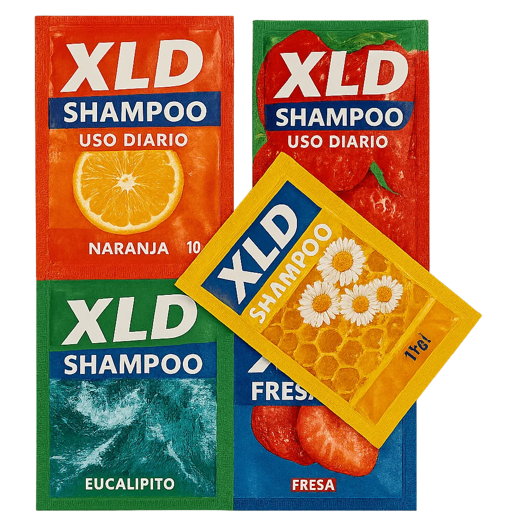 Colorful shampoo sachet pouches made from XLD custom printed film rolls