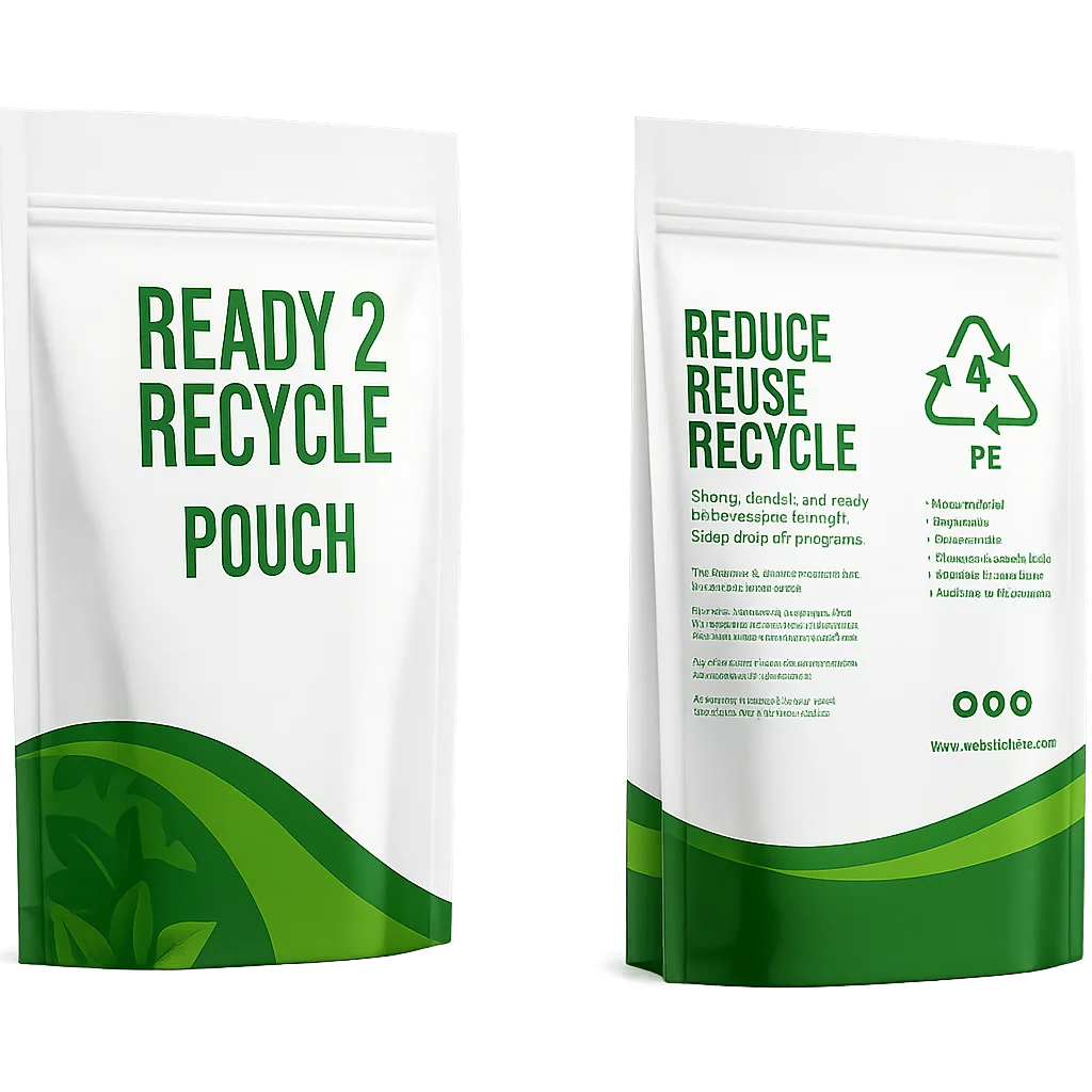 white and green recyclable pouch with eco-friendly design and sustainability icons