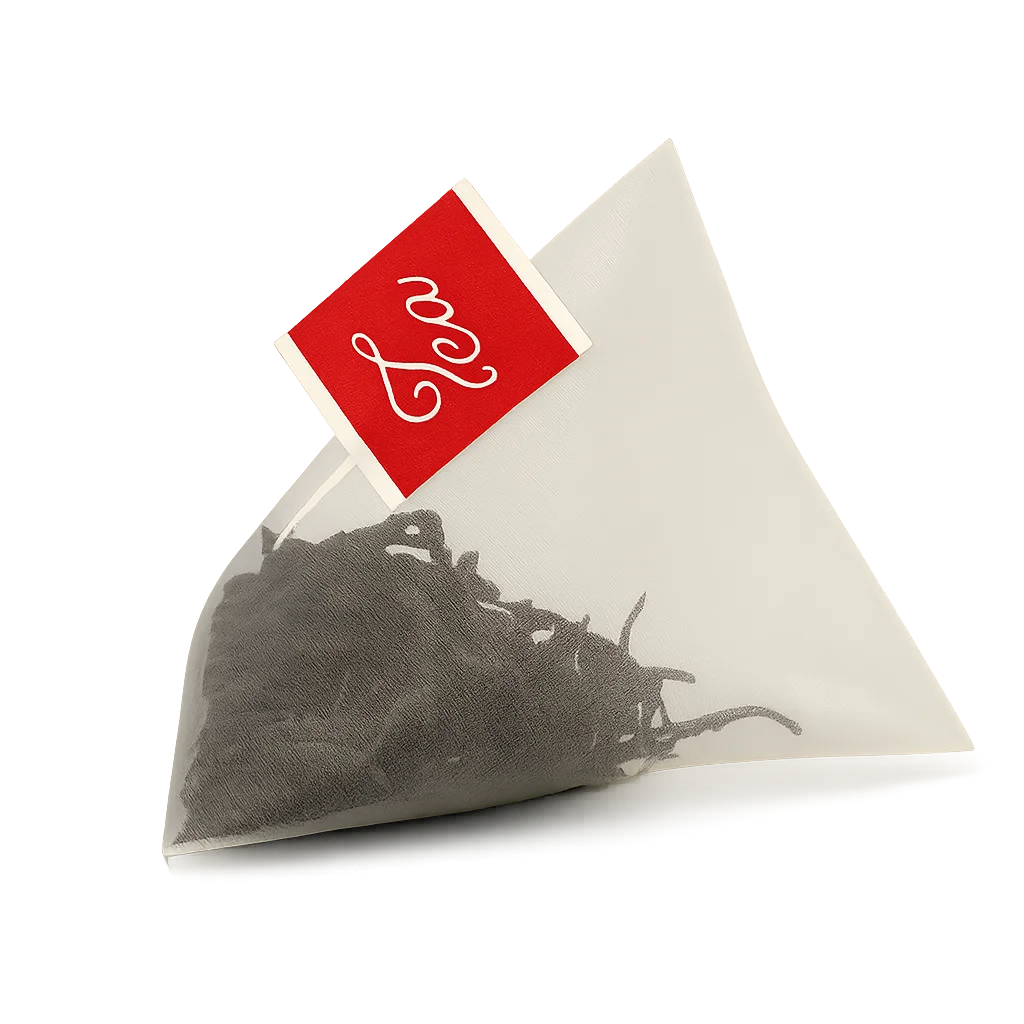 Custom pyramid tea bag with red label for premium loose-leaf tea packaging