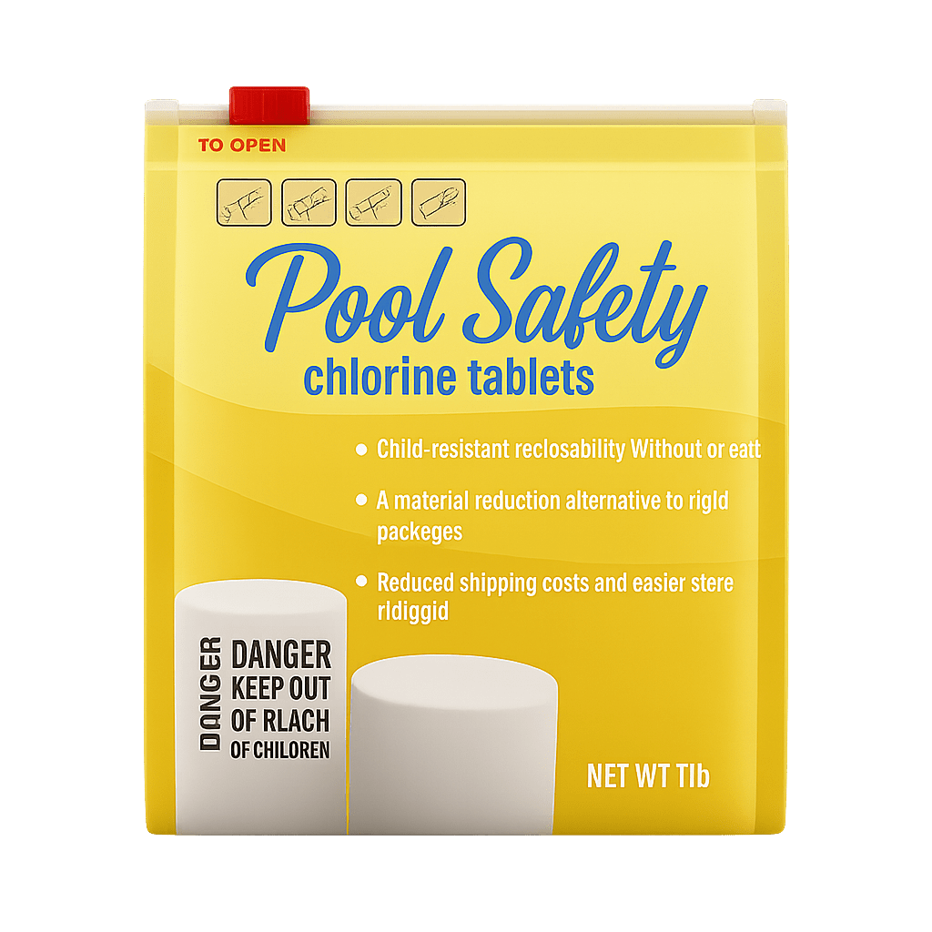 yellow chlorine tablet pouch labeled “Pool Safety” with child-resistant features