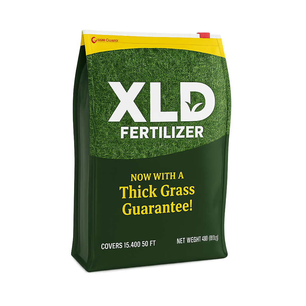 green and yellow fertilizer slider pouch with XLD logo and grass pattern