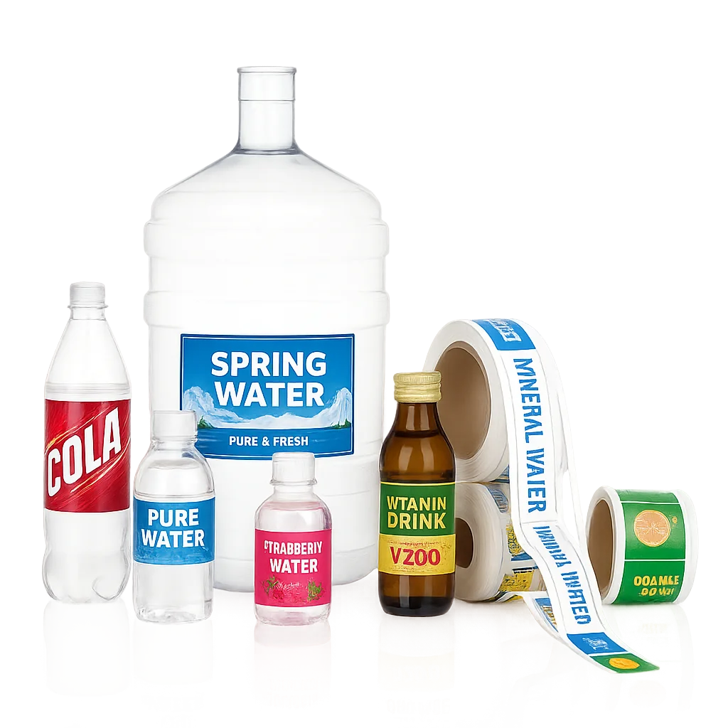 Custom wrap-around labels applied to assorted beverage bottles and containers