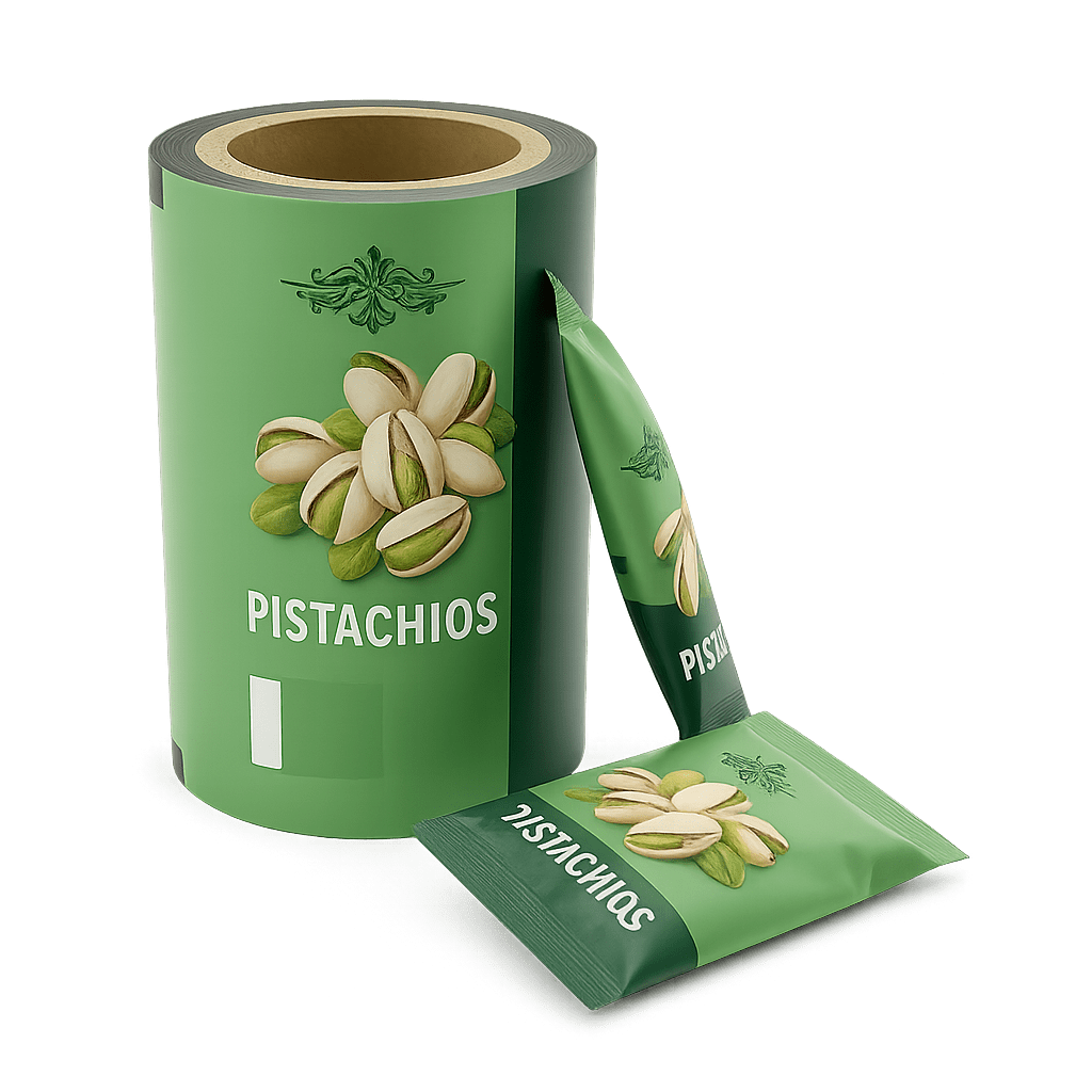Laminated green rollstock film with pistachio graphics and matching small snack pouches