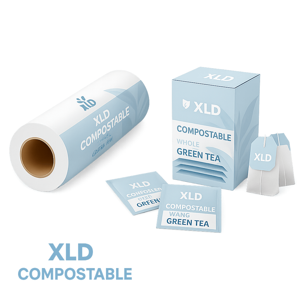 compostable flexible packaging roll and sachets by XLD for green tea products