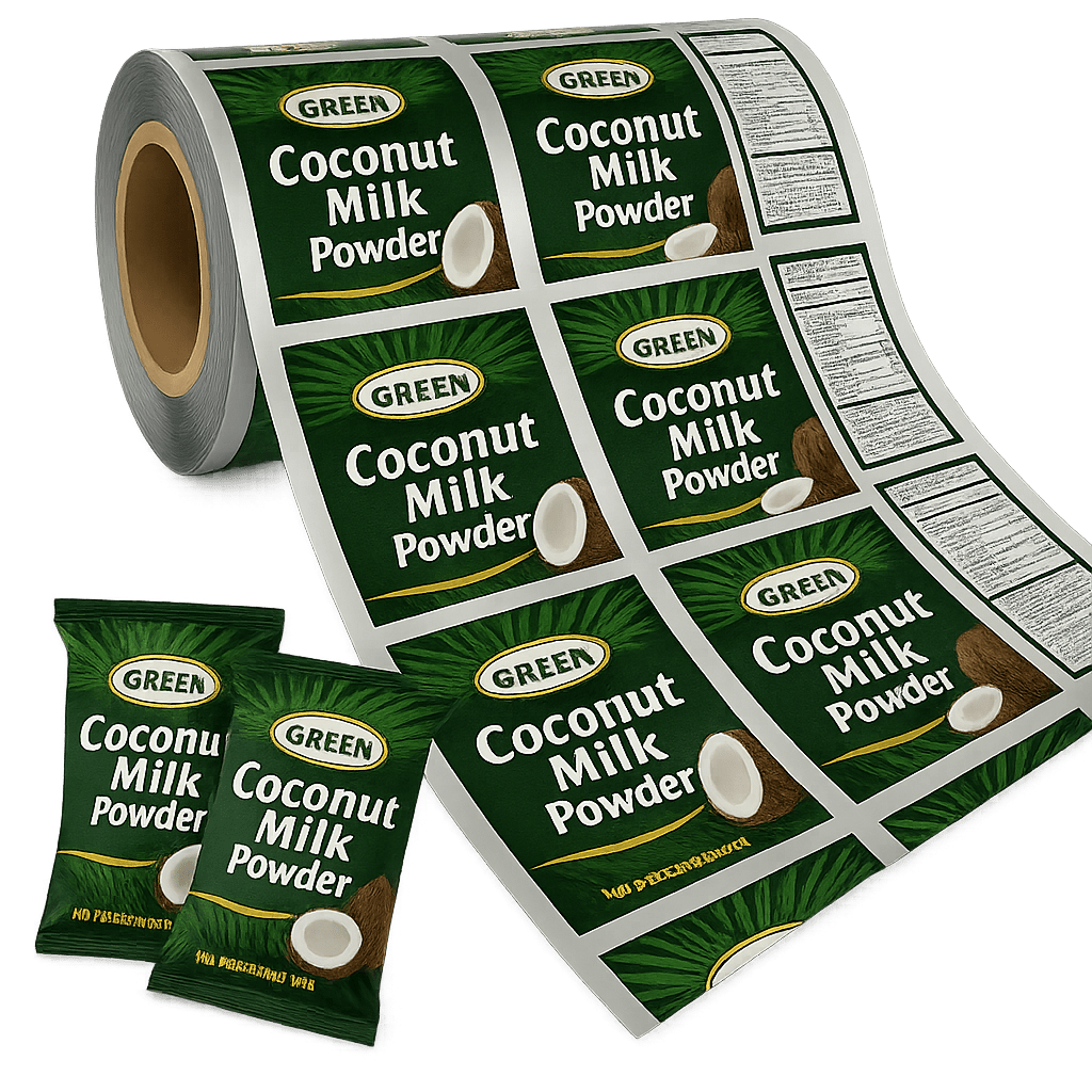 Wrapper Pack Film Lamination Roll and sachets for coconut milk powder with green tropical design