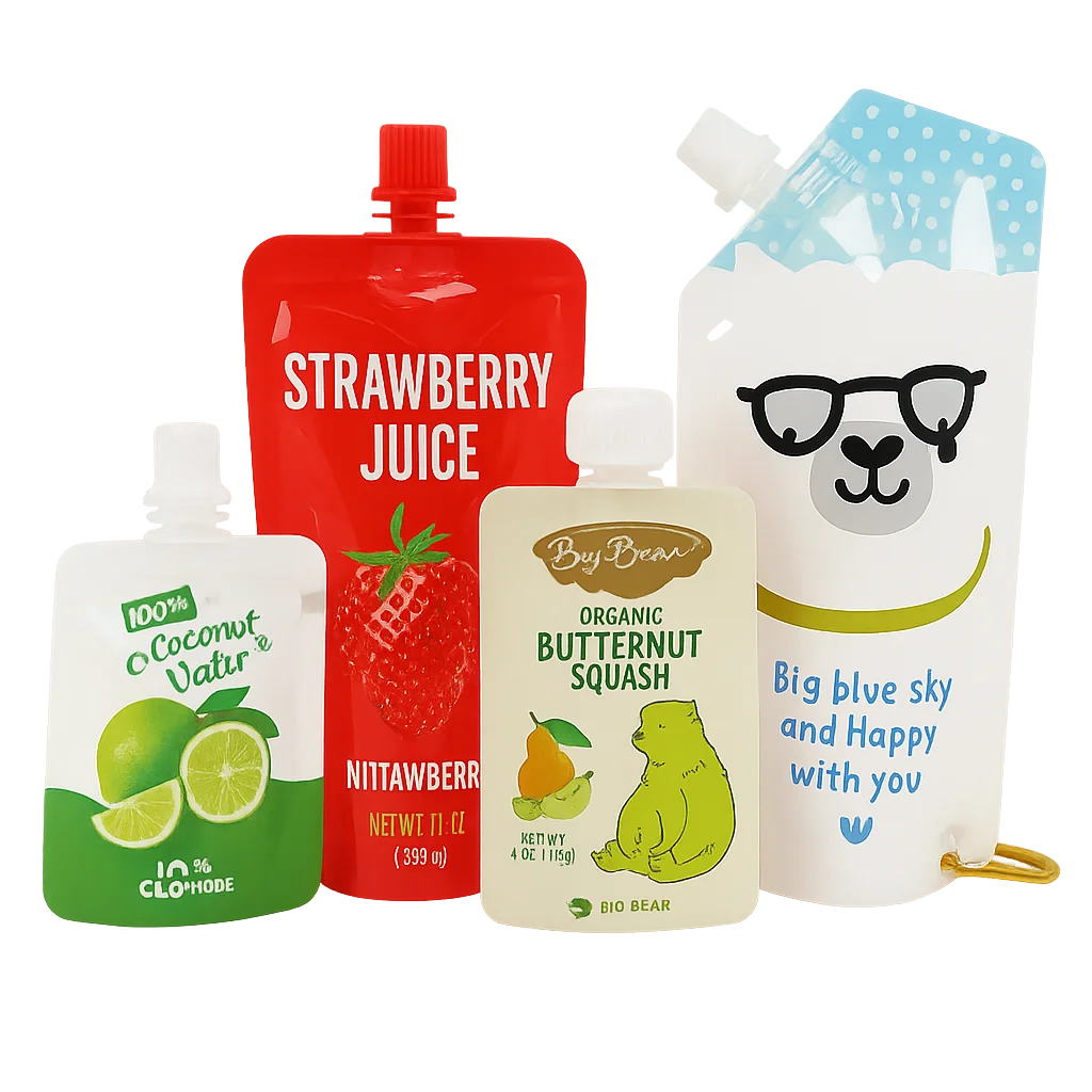 Assorted custom spouted pouches for juice, coconut water, and baby food made by XLD
