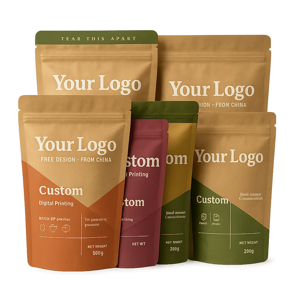 assorted compostable stand-up pouches in various sizes by XLD