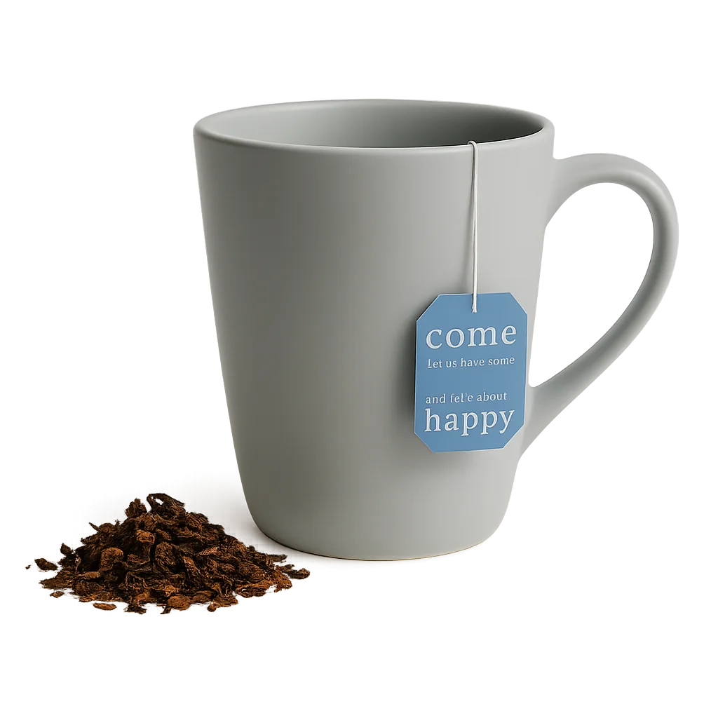 Custom printed tea bag tag attached to a gray mug with loose tea beside it