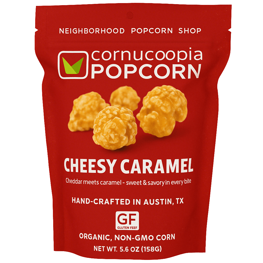 Custom red stand-up pouch for cheesy caramel popcorn designed by XLD