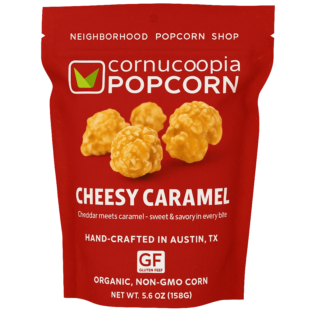 Custom red stand-up pouch for cheesy caramel popcorn designed by XLD
