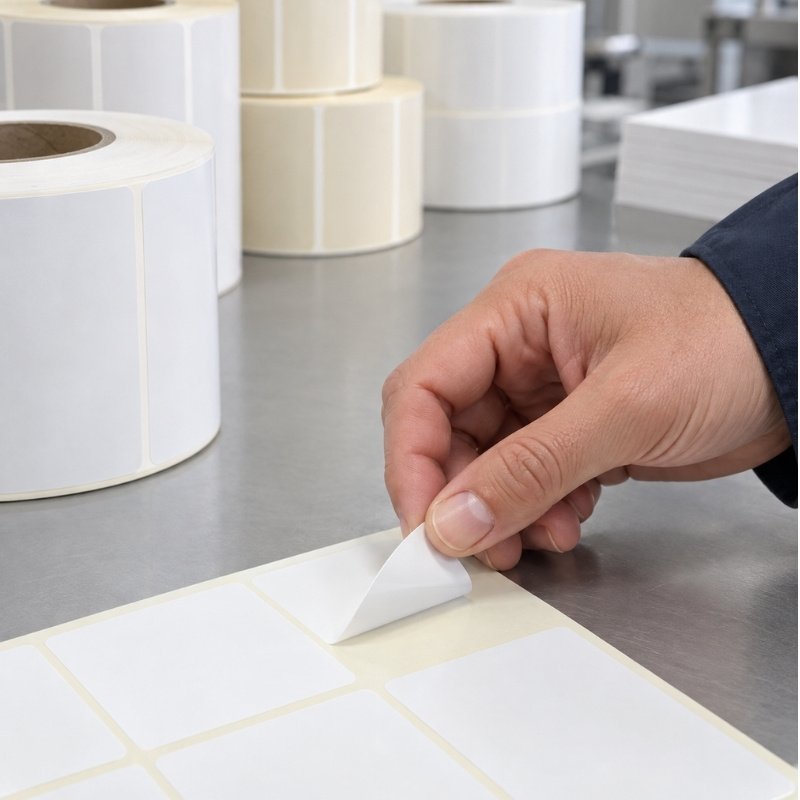 Hand peeling a blank pressure-sensitive label from a release liner beside label rolls