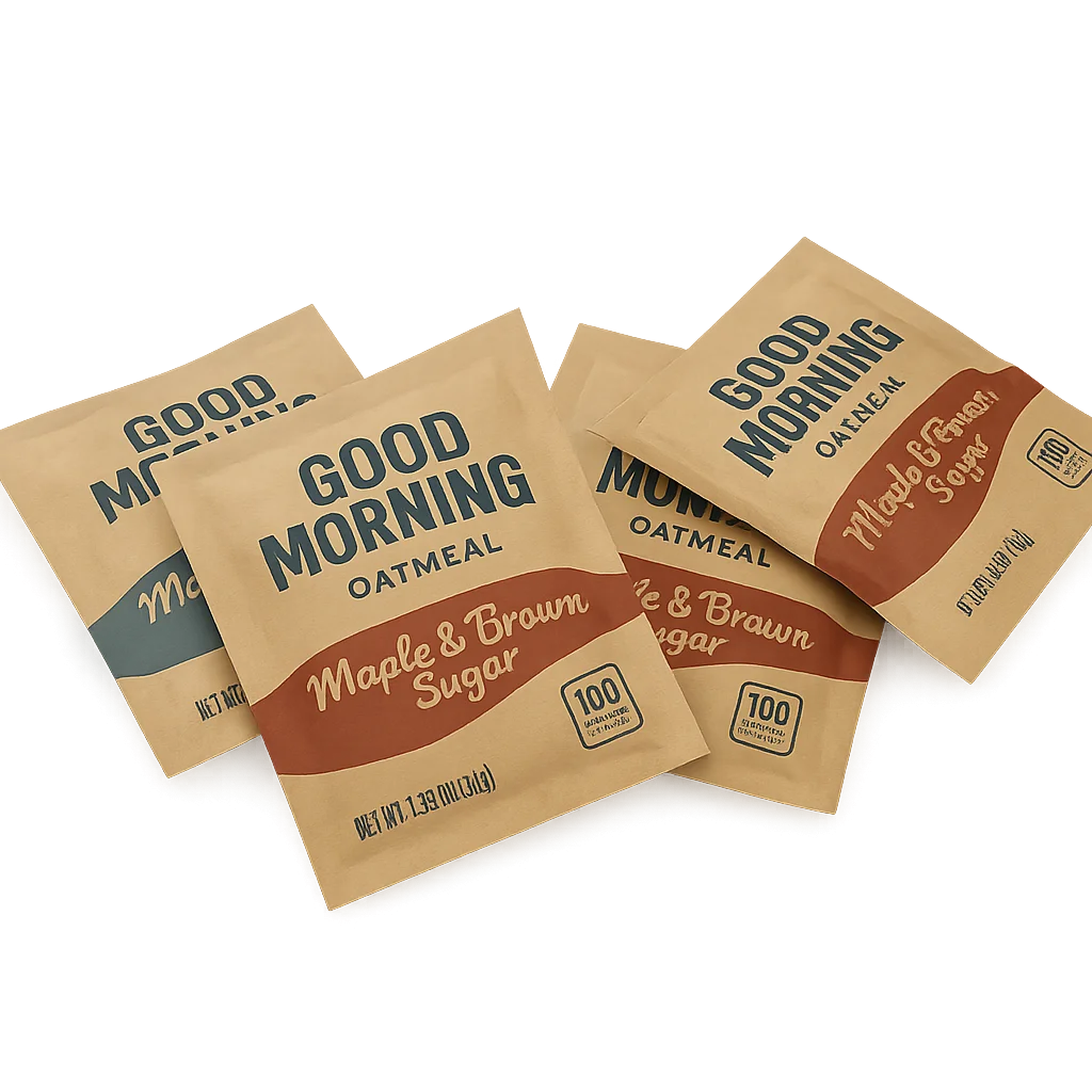 kraft paper sachet sugar packets labeled "Good Morning Oatmeal"
