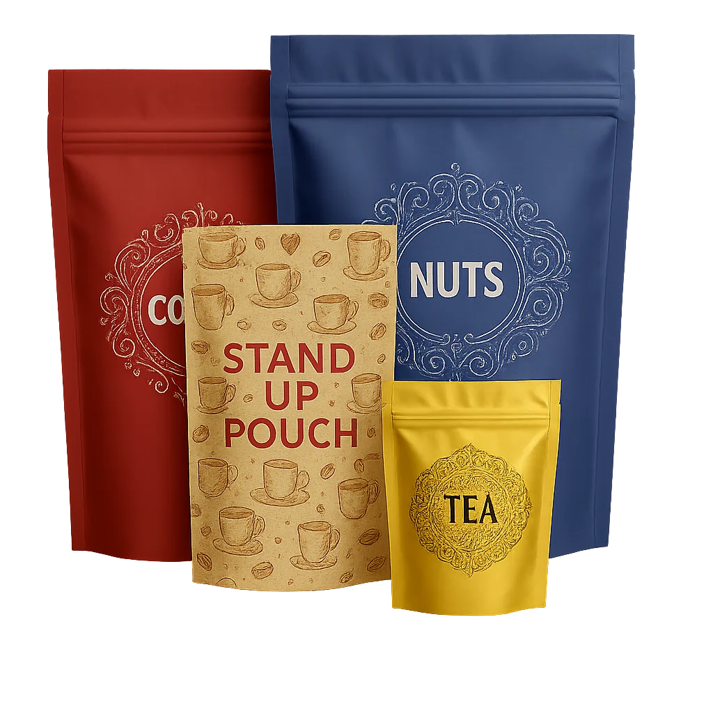Various custom stand-up pouches for coffee, tea, nuts, and general food packaging by XLD
