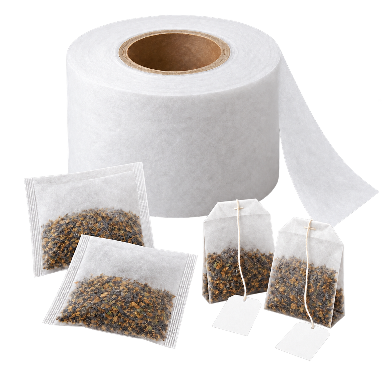 Tea bag filter paper roll with filled tea bag samples