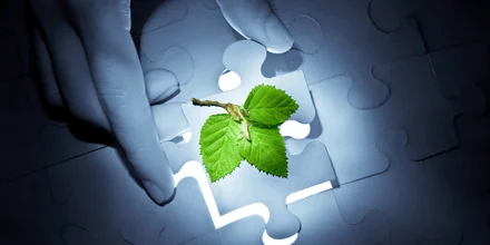 Sustainability Solution – Puzzle Integration Concept Sustainability solution concept with green leaf completing a puzzle