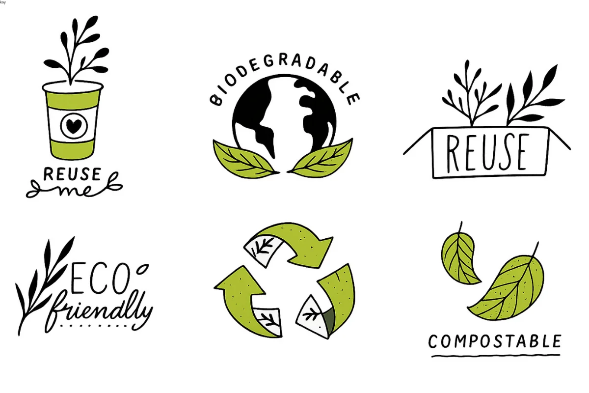 Hand-drawn eco-friendly icons showing reusable, biodegradable, compostable, and recyclable packaging symbols