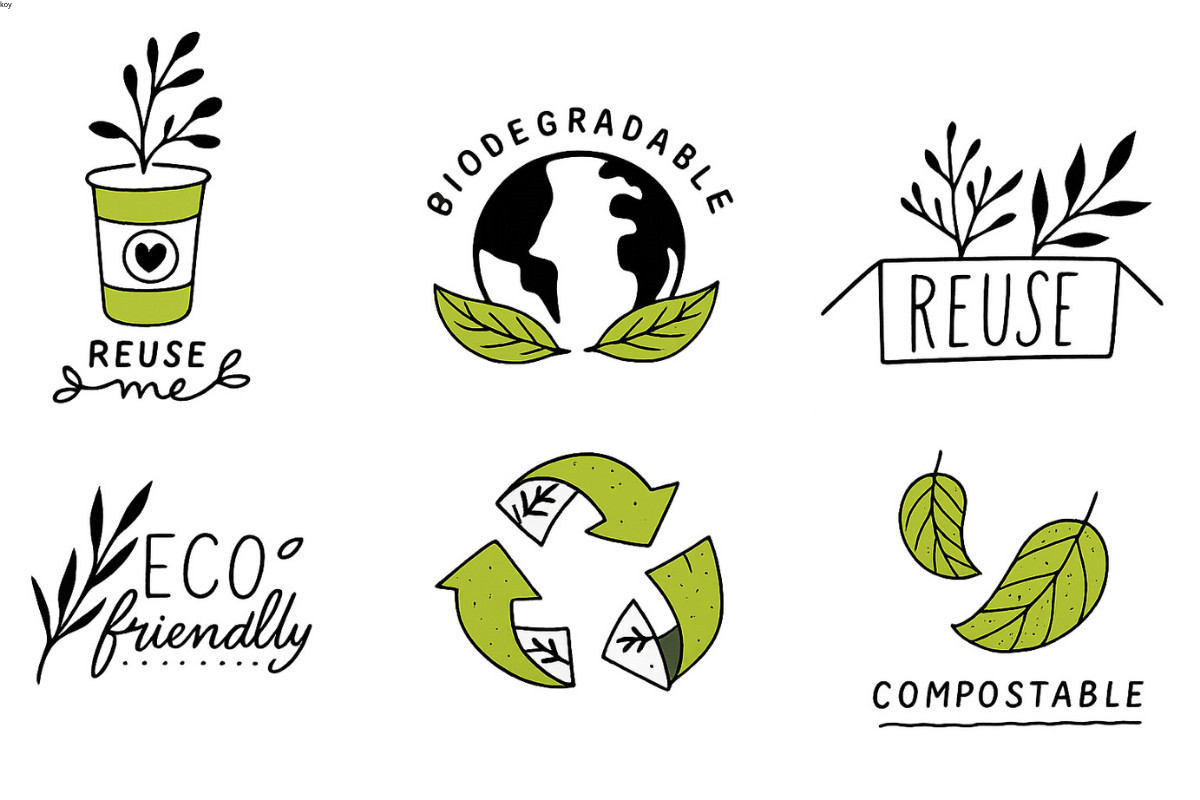 Hand-drawn eco-friendly icons showing reusable, biodegradable, compostable, and recyclable packaging symbols XLD