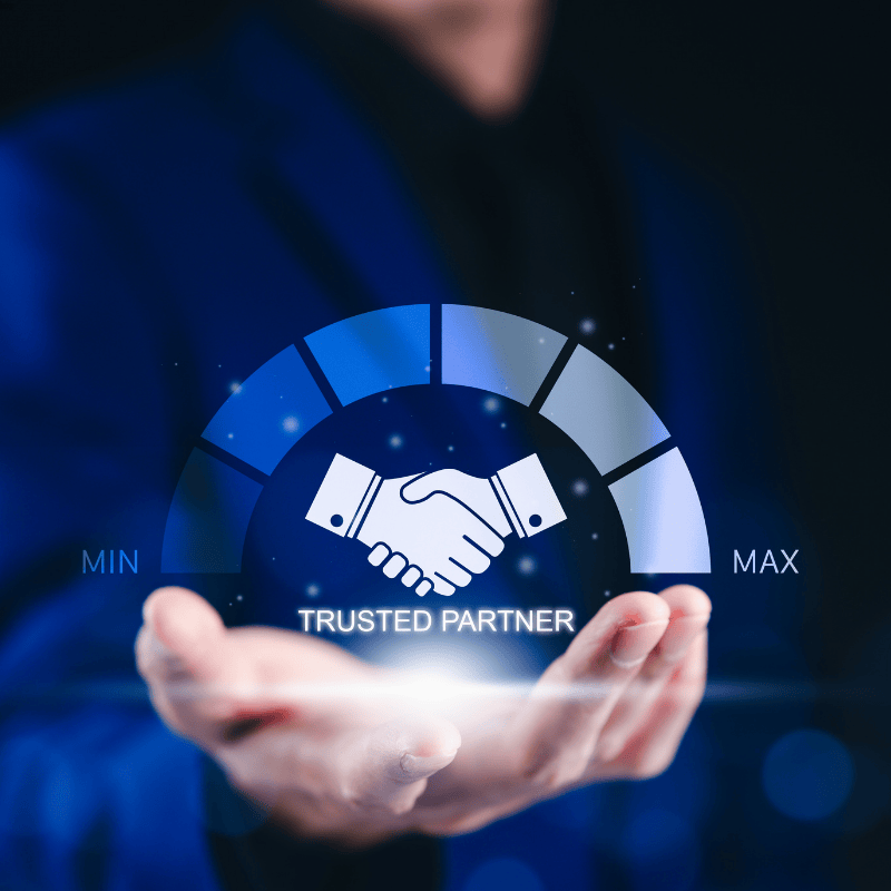 Trusted partner handshake graphic in futuristic interface