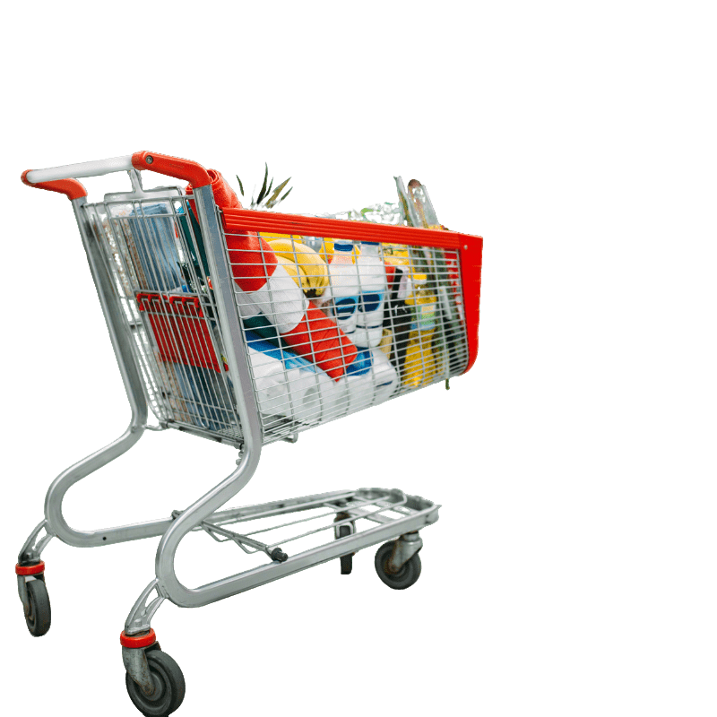 Shopping cart filled with various supermarket products using flexible packaging