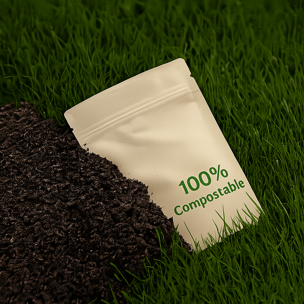100% compostable PLA laminated paper stand-up pouch on grass