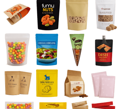 A variety of stand-up and spouted pouches by flexible packaging manufacturer XLD, used for food, pet snacks, and health products.