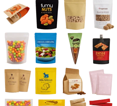 A variety of stand-up and spouted pouches by flexible packaging manufacturer XLD, used for food, pet snacks, and health products.
