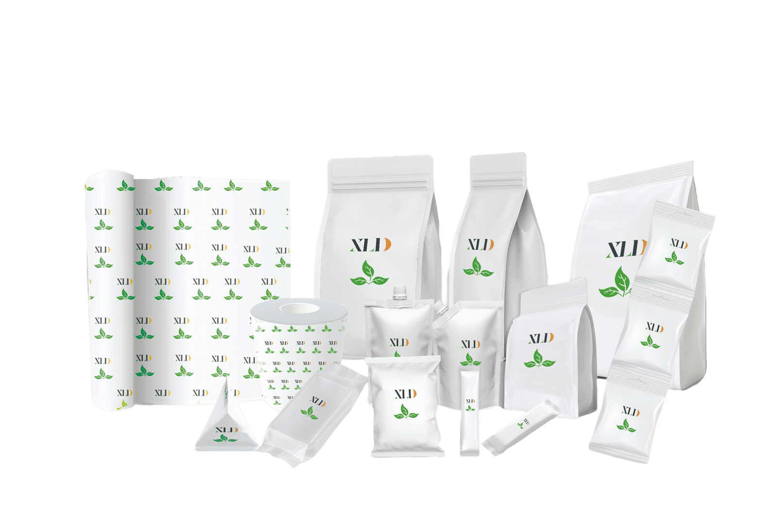 Various types of flexible packaging with XLD logo including roll stock, stand-up pouches, and sachets