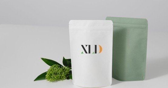 XLD custom stand-up pouch with green leaf and minimal design