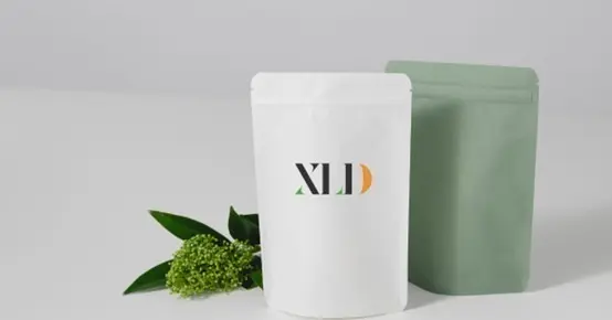XLD custom stand-up pouch with green leaf and minimal design