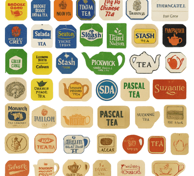 Vintage tea bag tags in various shapes and designs for branded packaging