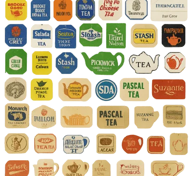 Vintage tea bag tags in various shapes and designs for branded packaging
